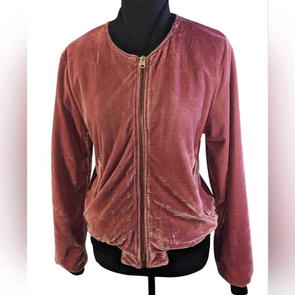Love Tree Pink Velour Bomber Jacket - Rose With black Trim Size M Flaws